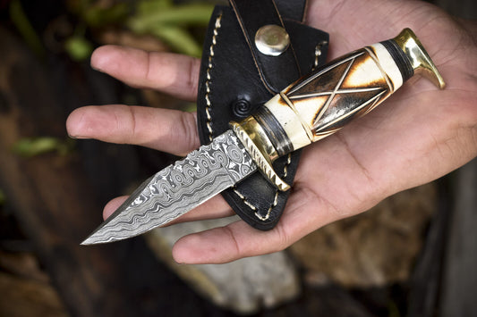 Rain Drop Damascus Steel Skinner Knife – Bone Handle with Brass Guard and Leather Sheath for Hunting