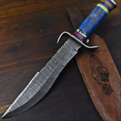Rare 15.6" Handmade Damascus Hunting Bowie Knife – Camel Bone Handle with Scrimshaw & Leather Sheath