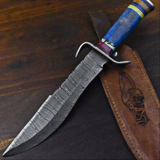 Rare 15.6" Handmade Damascus Hunting Bowie Knife – Camel Bone Handle with Scrimshaw & Leather Sheath