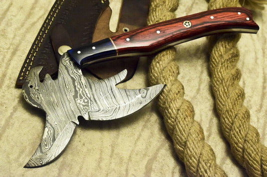 Rare Custom Damascus Full Tang Cleaver Chopper Tomahawk Axe Knife with Wood Handle and Leather Sheath