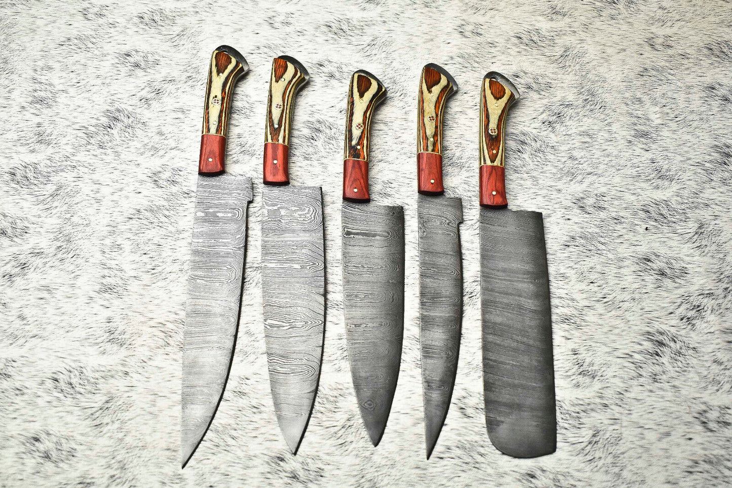  Rare Custom Lot of 5 Handmade Hammered Damascus Steel Blade Chef Knife Set