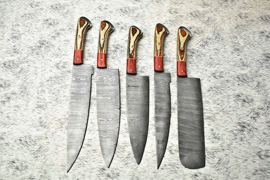  Rare Custom Lot of 5 Handmade Hammered Damascus Steel Blade Chef Knife Set
