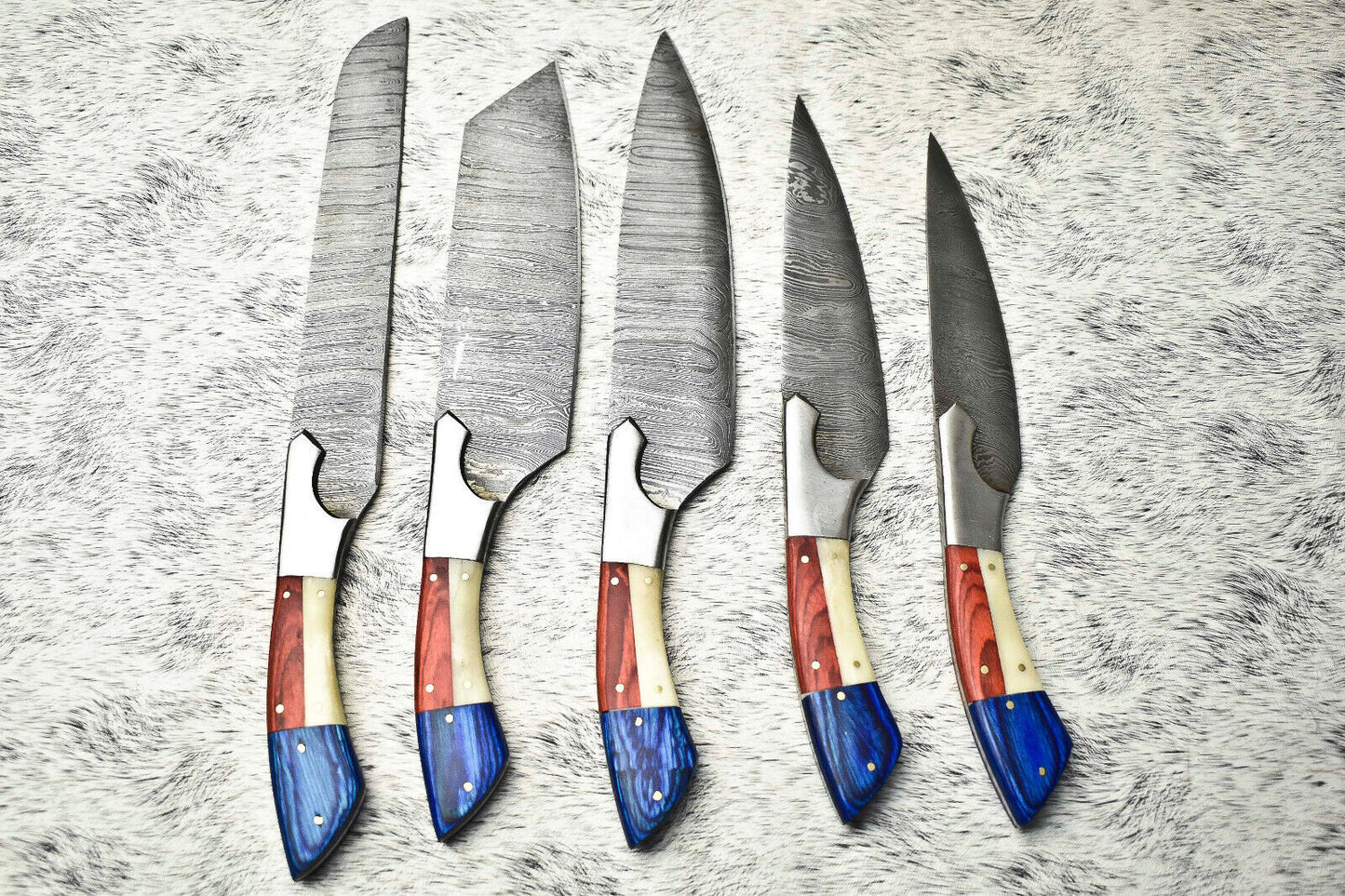 Rare Custom Lot of 5 Handmade Hammered Damascus Steel Blade Chef Knife Set – Oil Tempered 58-60 HRC, Sharpened at 20°