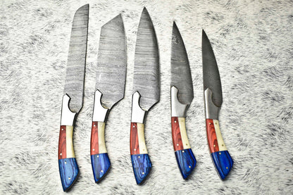 Rare Custom Lot of 5 Handmade Hammered Damascus Steel Blade Chef Knife Set – Oil Tempered 58-60 HRC, Sharpened at 20°