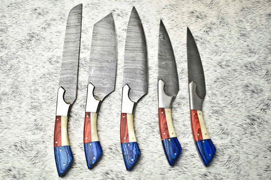 Rare Custom Lot of 5 Handmade Hammered Damascus Steel Blade Chef Knife Set – Oil Tempered 58-60 HRC, Sharpened at 20°