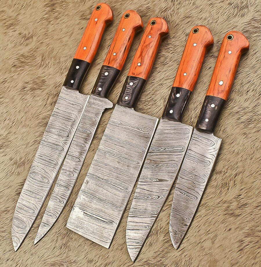 Rare Hand-Forged Damascus Steel Throwing, Hunting & Chef Knife Set, 5 Pieces, Hard Wood Handles, 8-Inch Blades, Wooden Bolsters, Full Tang, Oil-Tempered 58-60 HRC
