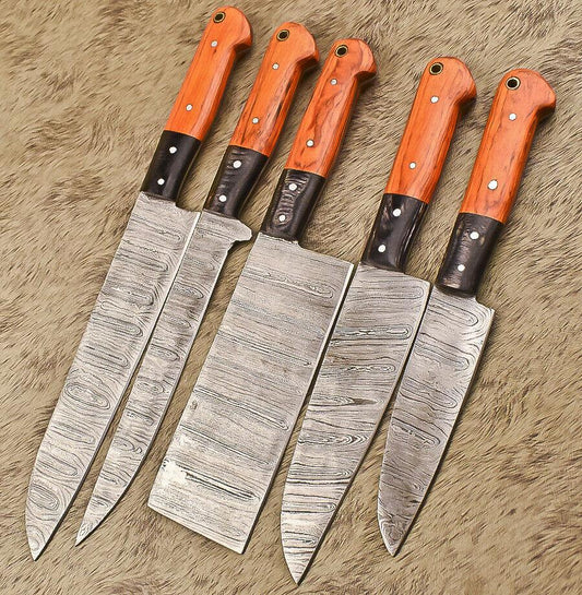 Rare Hand-Forged Damascus Steel Throwing, Hunting & Chef Knife Set, 5 Pieces, Hard Wood Handles, 8-Inch Blades, Wooden Bolsters, Full Tang, Oil-Tempered 58-60 HRC
