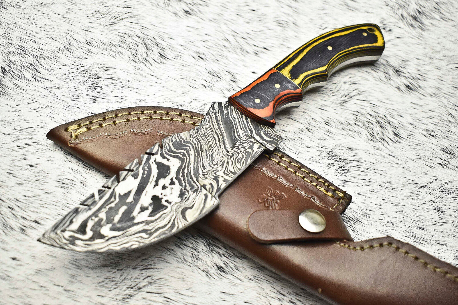Rare Handmade Damascus Blade Camping Tracker Full Tang Knife | Leather Sheath