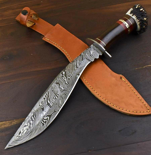 Rare Handmade Damascus Bowie Knife | Crown Antler Handle 16" Throwing & Hunting Blade