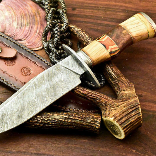 Rare Handmade Damascus Bowie Knife – Olive Wood Handle