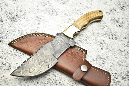 Rare Handmade Damascus Camping Tracker Knife | Full Tang with Leather Sheath