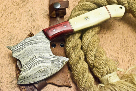 Rare Handmade Damascus Hunting Cleaver Chopper Axe Knife with Camel Bone and Hardwood Handle