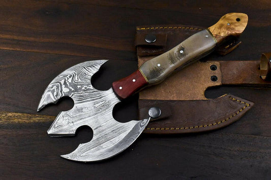 Rare Handmade Damascus Ram’s Horn Hunting Clever Chopper Axe Knife with Leather Sheath