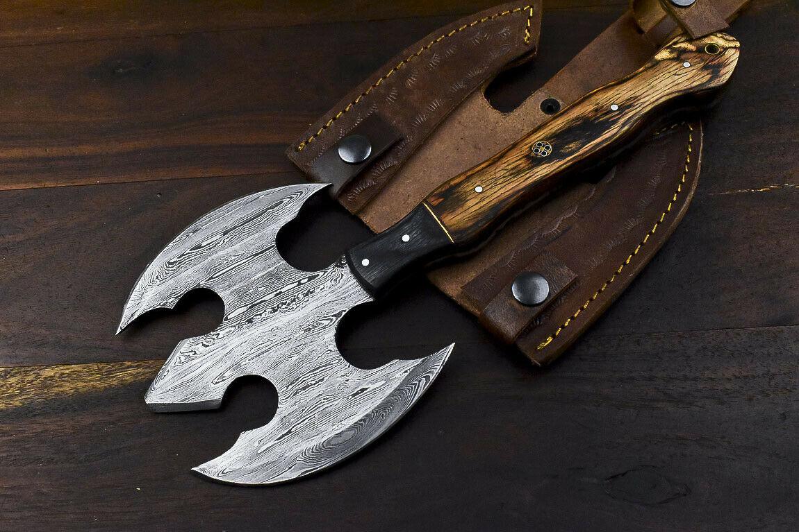 Rare Handmade Damascus Steel Axe Hunting Clever Chopper Knife Hard Wood Handle with Leather Sheath