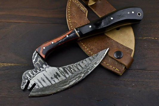 Rare Handmade Damascus Steel Axe Hunting Clever Chopper Knife Ram's Horn Handle with Leather Sheath