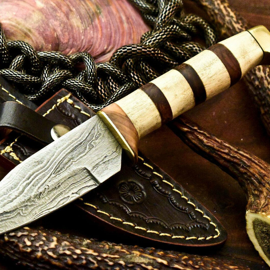 Rare Handmade Damascus Steel Bowie Hunting Knife | Camel Bone Handle