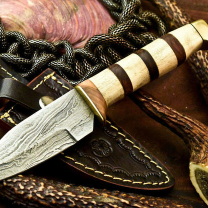 Rare Handmade Damascus Steel Bowie Hunting Knife | Camel Bone Handle