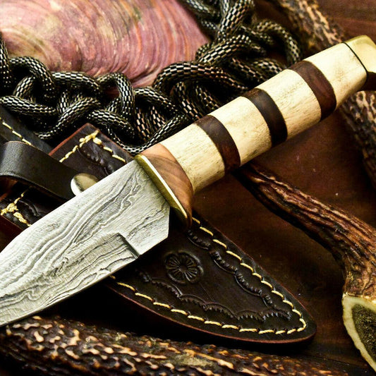 Rare Handmade Damascus Steel Bowie Hunting Knife | Camel Bone Handle