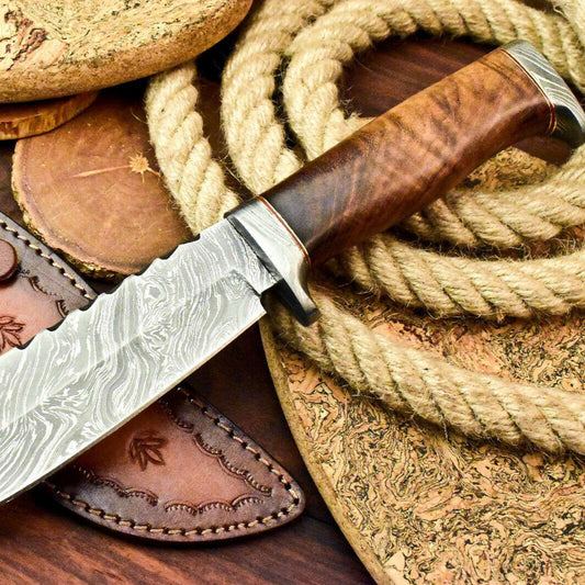 Rare Handmade Damascus Steel Bowie Knife – 12" Hunting Blade with Walnut Wood Handle