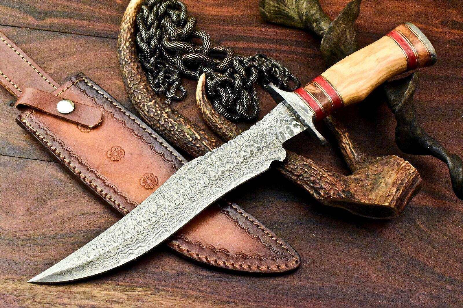 Rare Handmade Damascus Steel Bowie Knife – 15" Hunting Blade with Olive Wood Handle
