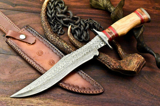 Rare Handmade Damascus Steel Bowie Knife – 15" Hunting Blade with Olive Wood Handle