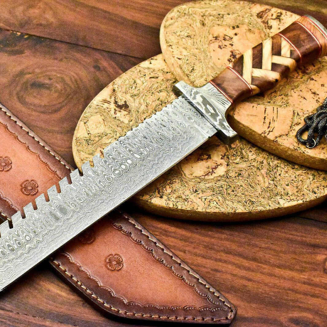 Rare Handmade Damascus Steel Bowie Knife – 16.75" Hunting Blade with Walnut Wood Handle