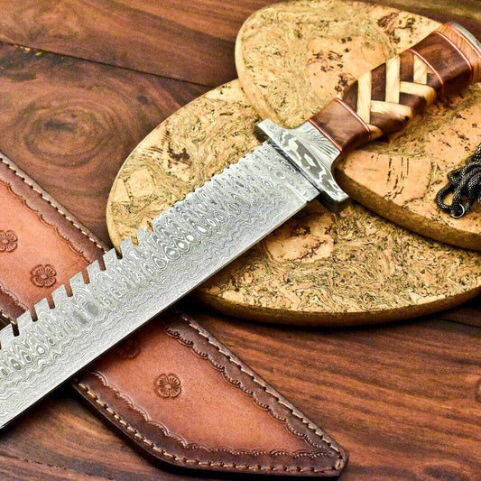 Rare Handmade Damascus Steel Bowie Knife – 16.75" Hunting Blade with Walnut Wood Handle