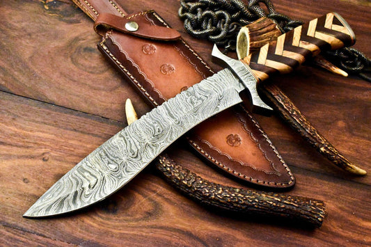 Rare Handmade Damascus Steel Bowie Knife – 16" Hunting Blade with Walnut Wood Handle
