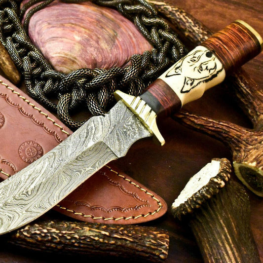 Rare Handmade Damascus Steel Bowie Knife | Camel Bone Handle & Laser Etched Blade