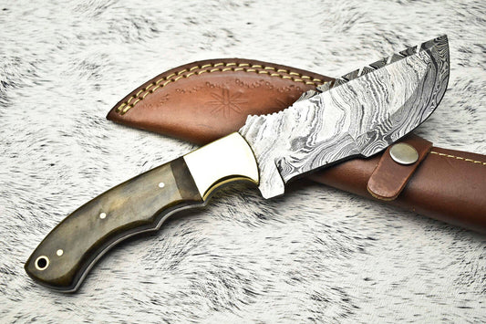 Rare Handmade Damascus Steel Camping Tracker Full Tang Knife with Leather Sheath
