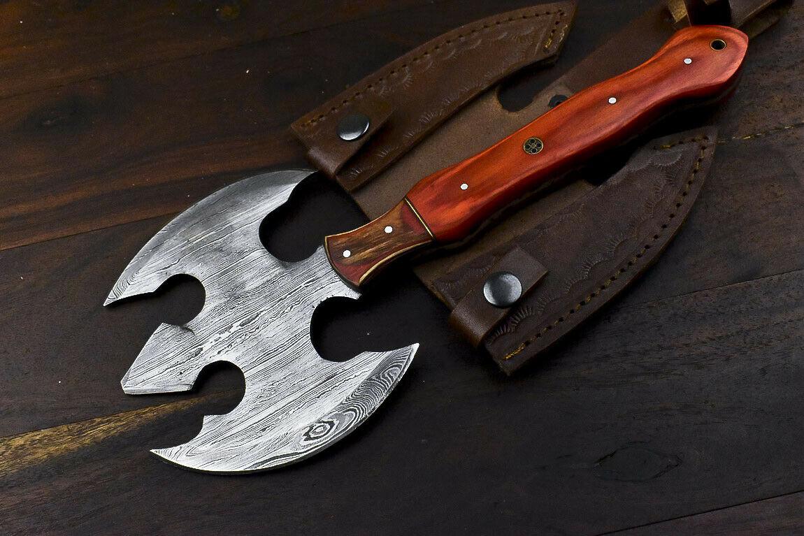 Rare Handmade Damascus Steel Hard Wood Clever Chopper Axe Knife with Leather Sheath