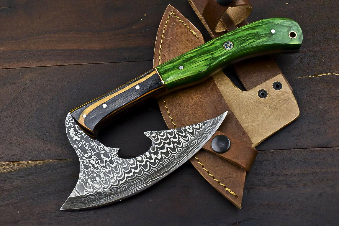 Rare Handmade Damascus Steel Hunting Axe Knife Hard Wood Handle Clever Chopper with Leather Sheath
