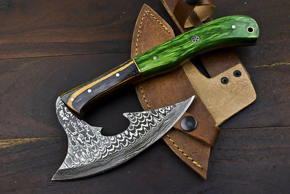 Rare Handmade Damascus Steel Hunting Axe Knife Hard Wood Handle Clever Chopper with Leather Sheath