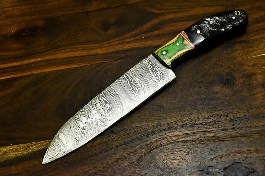 Rare Handmade Damascus Steel Hunting Chef Knife – Ram's Horn Handle, 11" Full Tang