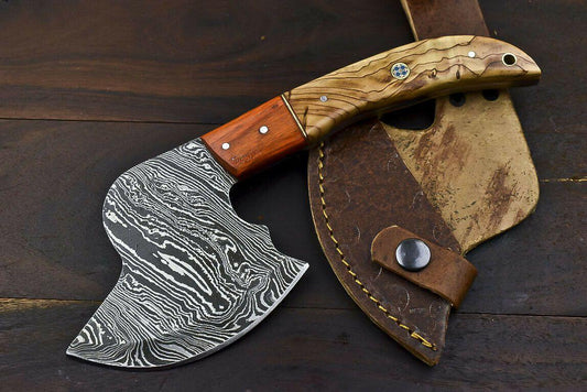 Rare Handmade Damascus Steel Olive Wood Clever Chopper Axe Knife with Leather Sheath