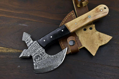 Rare Handmade Damascus Steel Olive Wood Hunting Clever Chopper Axe Knife with Leather Sheath