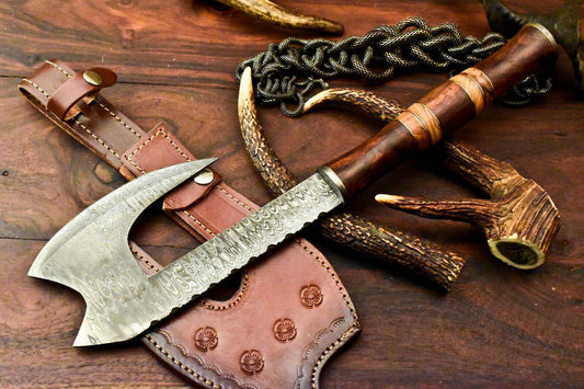 Rare Handmade Damascus Steel Viking Tomahawk Axe with Leather Sheath