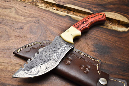 Rare Handmade Damascus Tracker Knife | 384-Layer Full Tang Blade with Leather Sheath for Camping