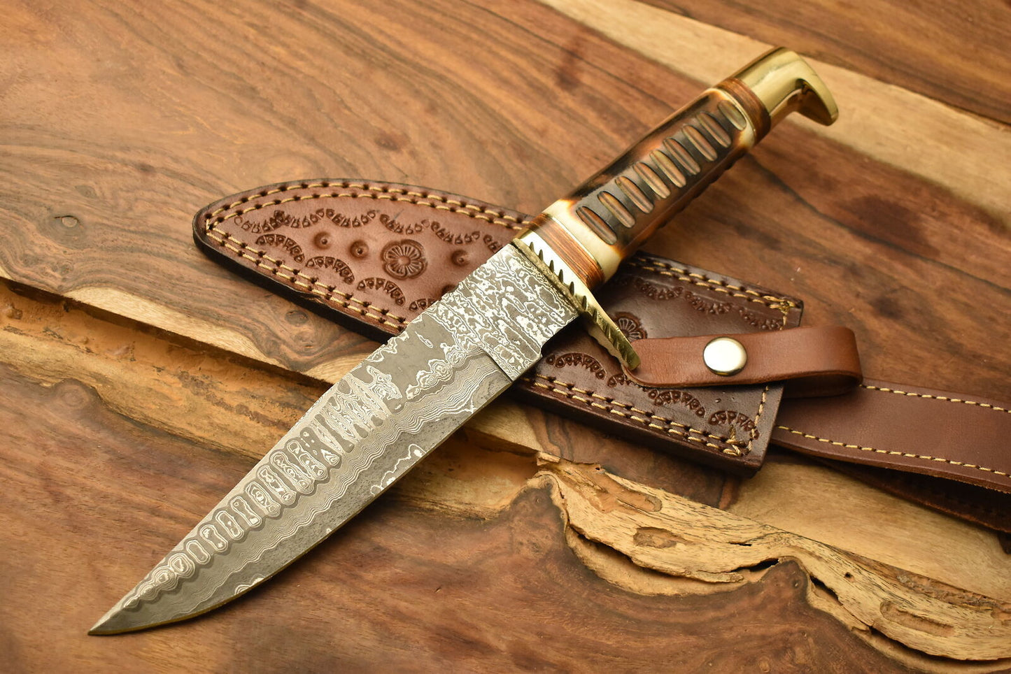 Razor Sharp Damascus Steel Bowie Knife with Camel Bone Handle and Brass Guard