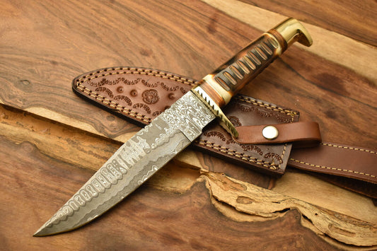 Razor Sharp Damascus Steel Bowie Knife with Camel Bone Handle and Brass Guard