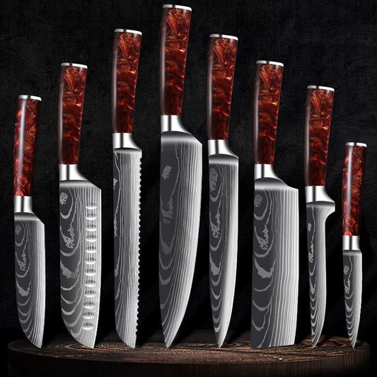 Red 8PC Japanese Kitchen Knives Set with Laser Damascus Pattern & Scabbard 