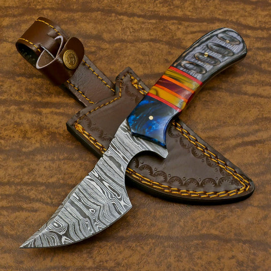 Resin Wood Damascus Skinner Hunting Knife Handmade EDC Fixed Blade