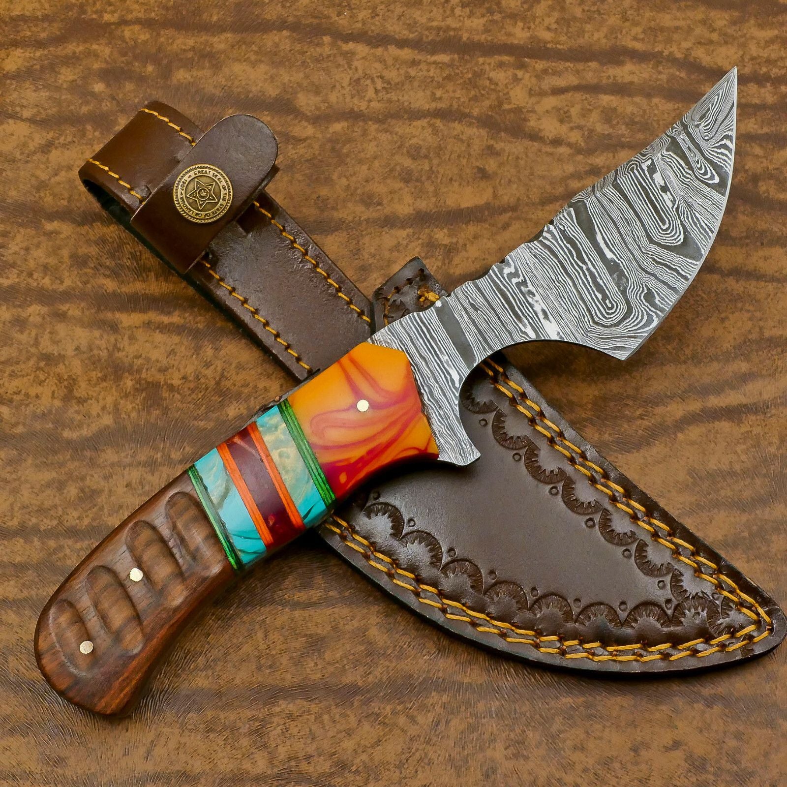 Resin Wood Damascus Skinner Knife Custom Handmade for Hunting and EDC