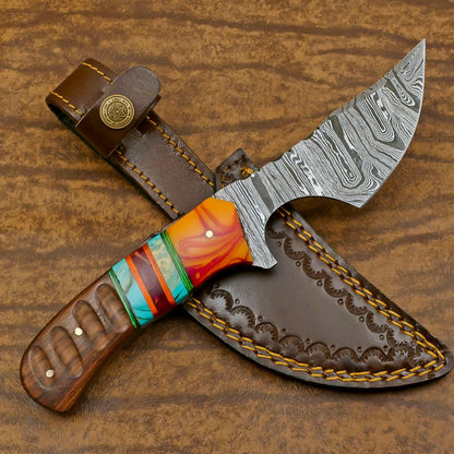 Resin Wood Damascus Skinner Knife Custom Handmade for Hunting and EDC