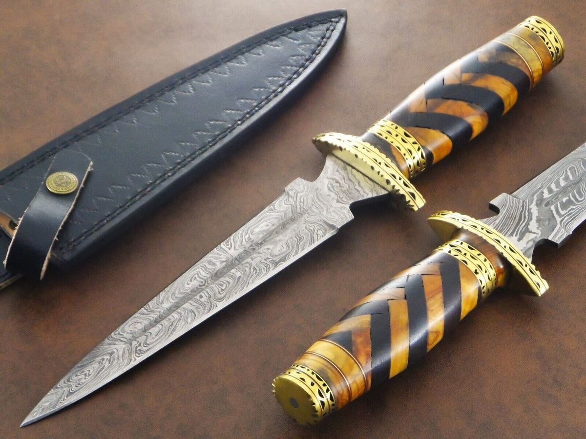 Rugged 13.5" Damascus Bowie Knife with Olive & Natural Wood Handle
