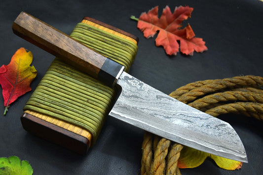 San Mai Damascus Steel Fixed Blade Chef Knife Handmade with Walnut & Horn Handle

