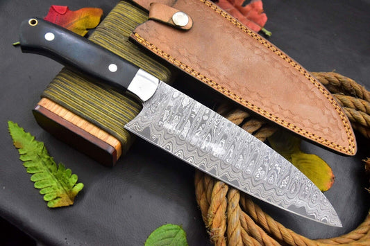 San Mai Damascus Steel Nakri Chef Knife Handmade – G-10 Micarta Handle with Leather Sheath