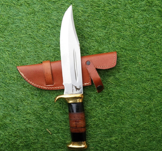 Screwhorn Handmade Damascus Bowie Knife – Full Tang Hunting & Camping Knife with Brass Handle and Sheath | Heritage Forge