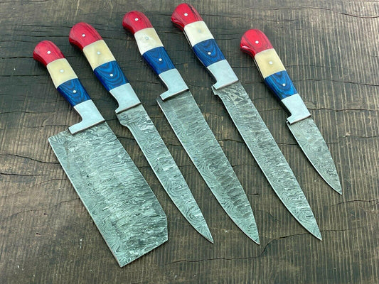 Set 5 Piece Handmade Damascus Kitchen Knife Set as Chef, Cleaver & Utility Knives W/Sheath