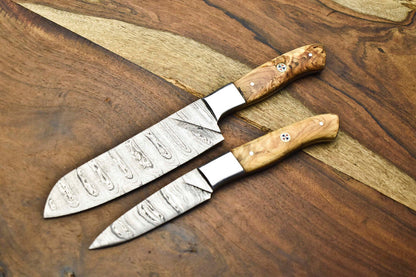 Set of 2 Handmade Damascus Steel Chef Knives – Full Tang Custom Kitchen Cutlery